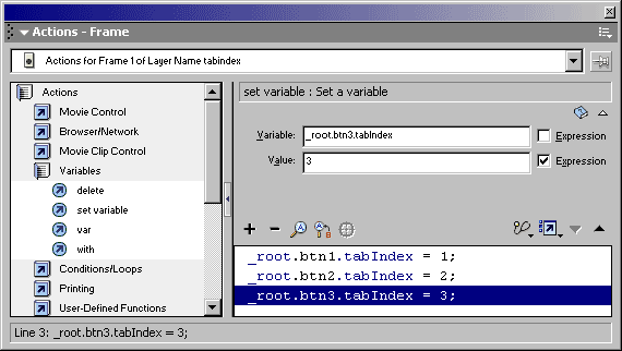 Flash MX actions panel showing an example syntax for setting the tabIndex property. Details below.