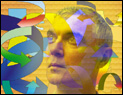 Collage of David Byrne and his PowerPoint motion graphics.