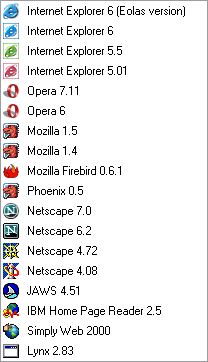 List of many browsers including multiple versions of IE, Mozilla, Netscape, Opera, etc.